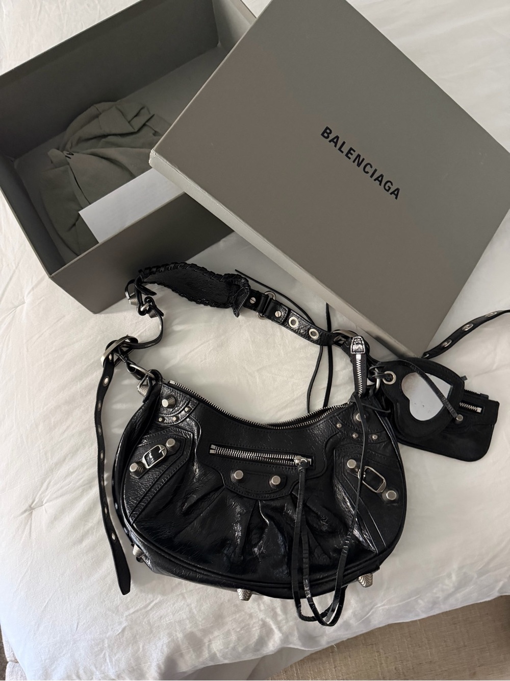 Balenciaga Le Cagole Leather Moto Shoulder Bag with Silver Hardware